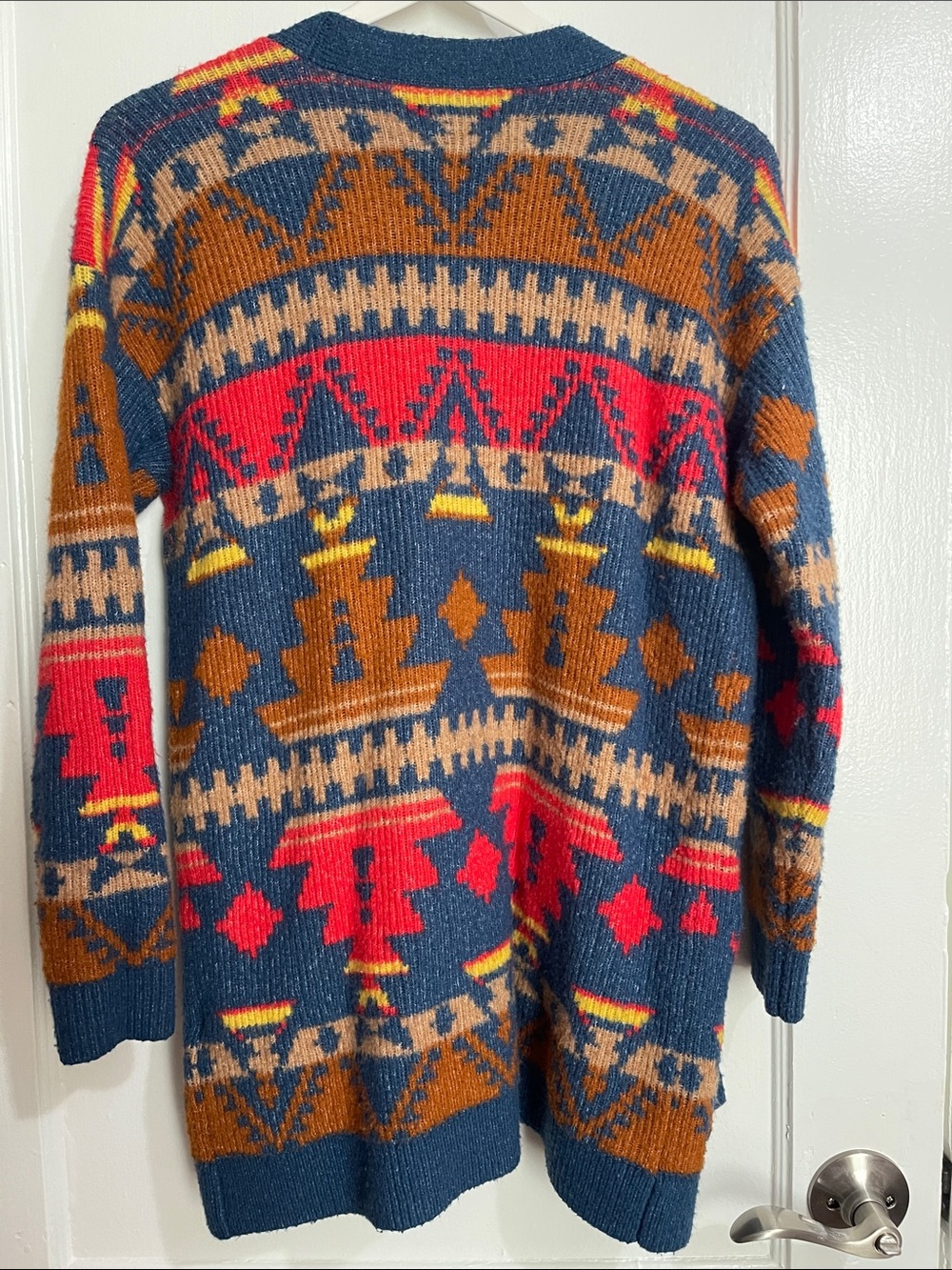 Lucky Brand Navy Aztec Open Cardigan with Red, Gold & Tan Accents - Picture 2 of 4